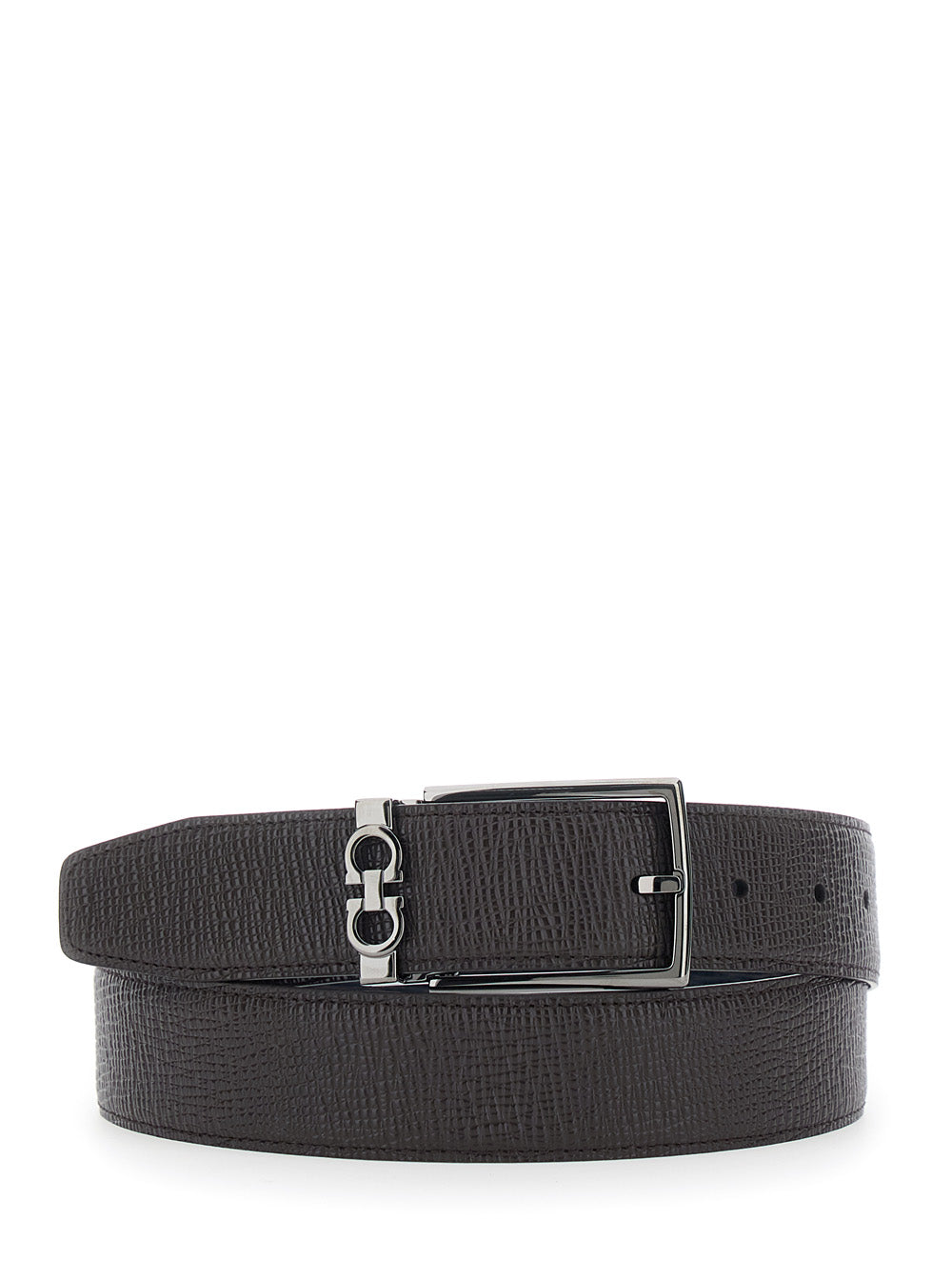 Ferragamo Men Brown Reversible Belt With Gancini Buckle In Grained Leather Men FERRAGAMO