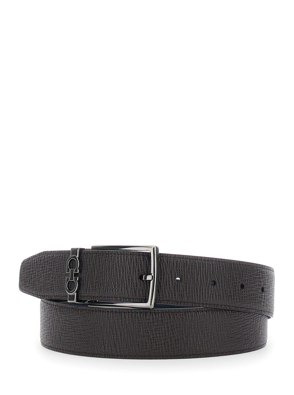 Ferragamo Men Brown Reversible Belt With Gancini Buckle In Grained Leather Men FERRAGAMO