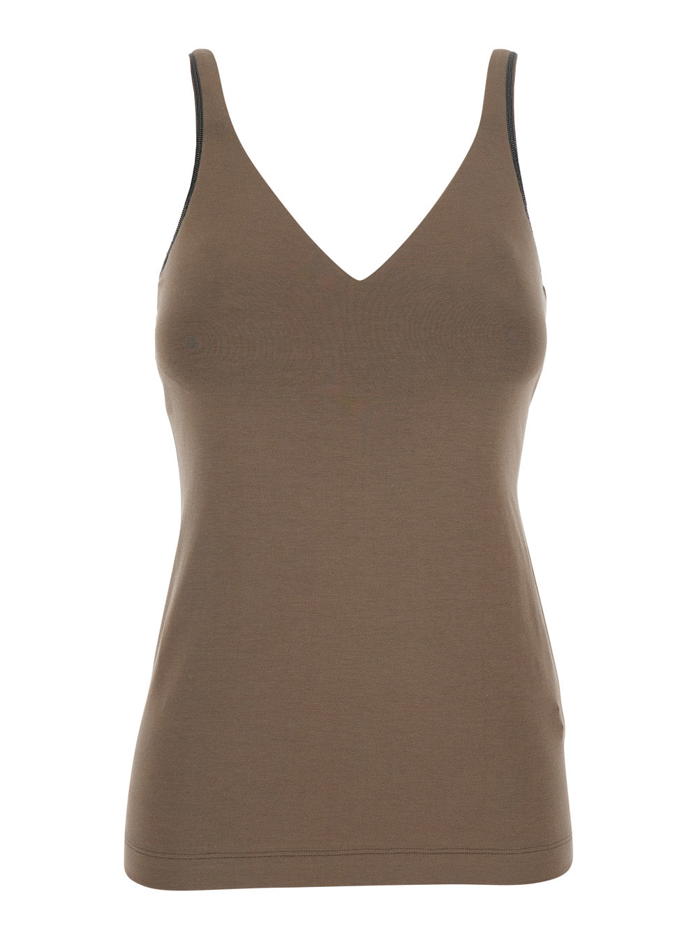 Brunello Cucinelli Women Brown Top With V-Neck And Monil Detail On The Strap In Cotton For Women BRUNELLO CUCINELLI