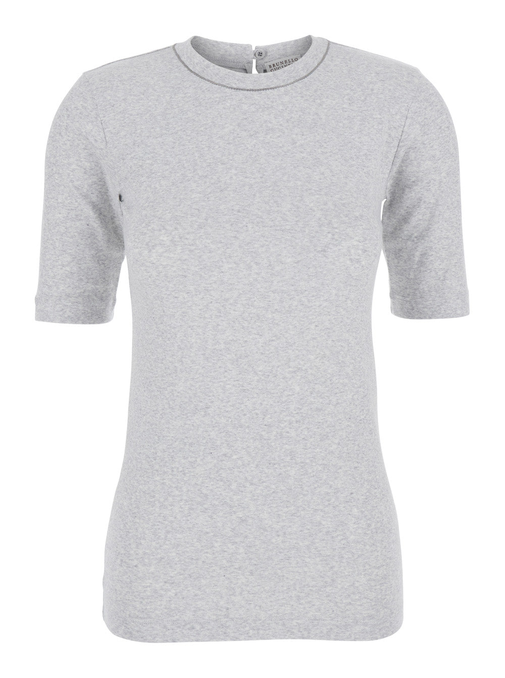 Brunello Cucinelli Women Gray Crew Neck T-Shirt With Three-Quarter Sleeves And Monil Detail On The Neck In  Cotton For Women BRUNELLO CUCINELLI
