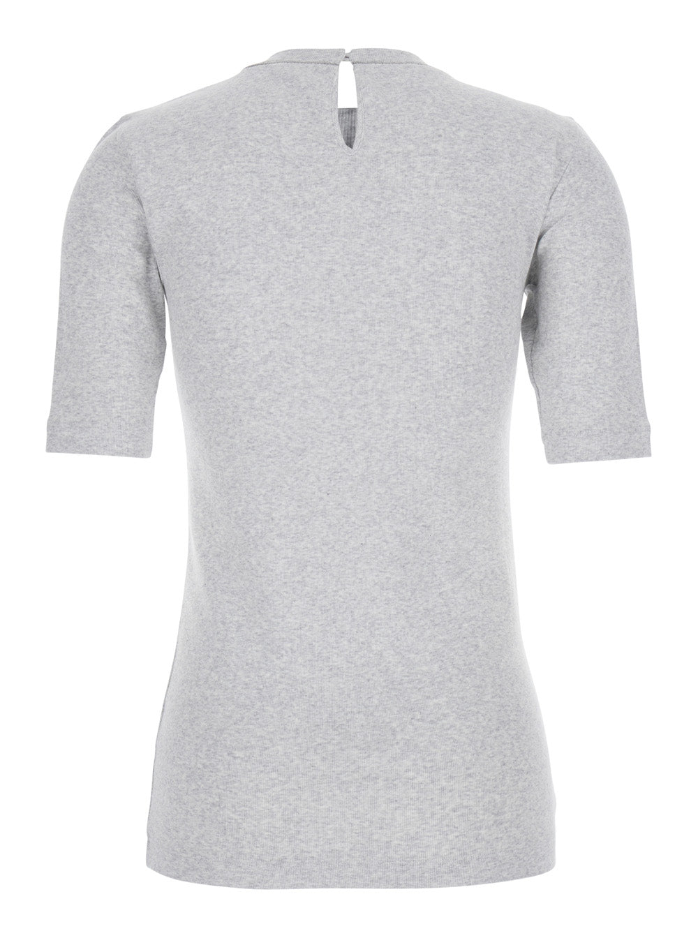 Brunello Cucinelli Women Gray Crew Neck T-Shirt With Three-Quarter Sleeves And Monil Detail On The Neck In  Cotton For Women BRUNELLO CUCINELLI