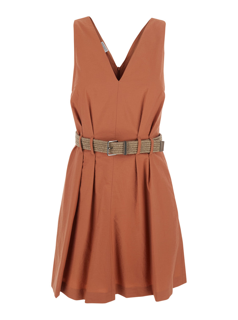 Brunello Cucinelli Women Orange Pleated Midi Dress With V-Neck And Belt With Monil Detail On The Front In Cotton For Women BRUNELLO CUCINELLI