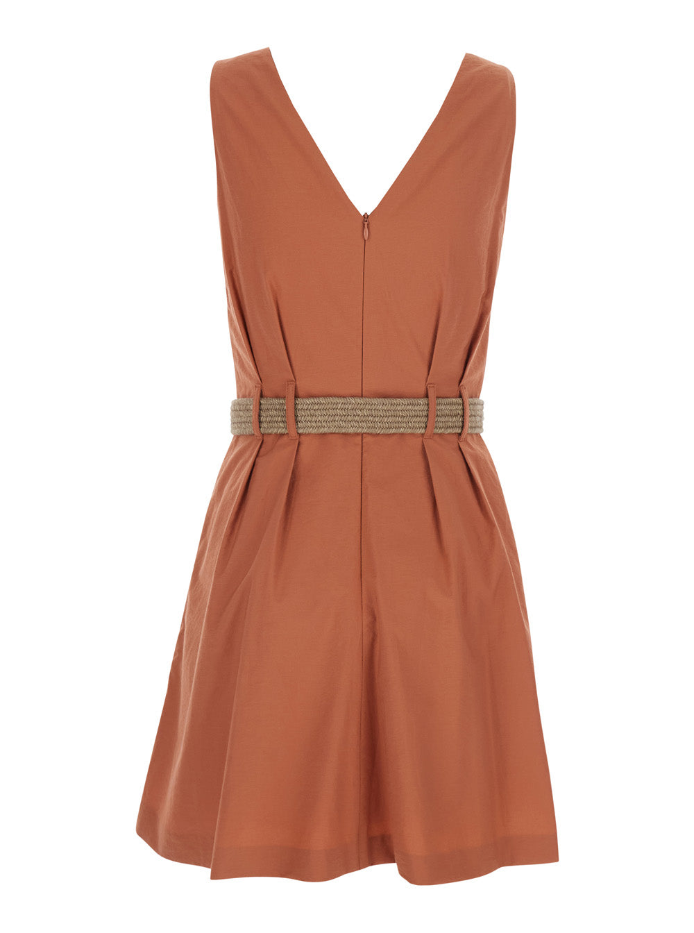 Brunello Cucinelli Women Orange Pleated Midi Dress With V-Neck And Belt With Monil Detail On The Front In Cotton For Women BRUNELLO CUCINELLI