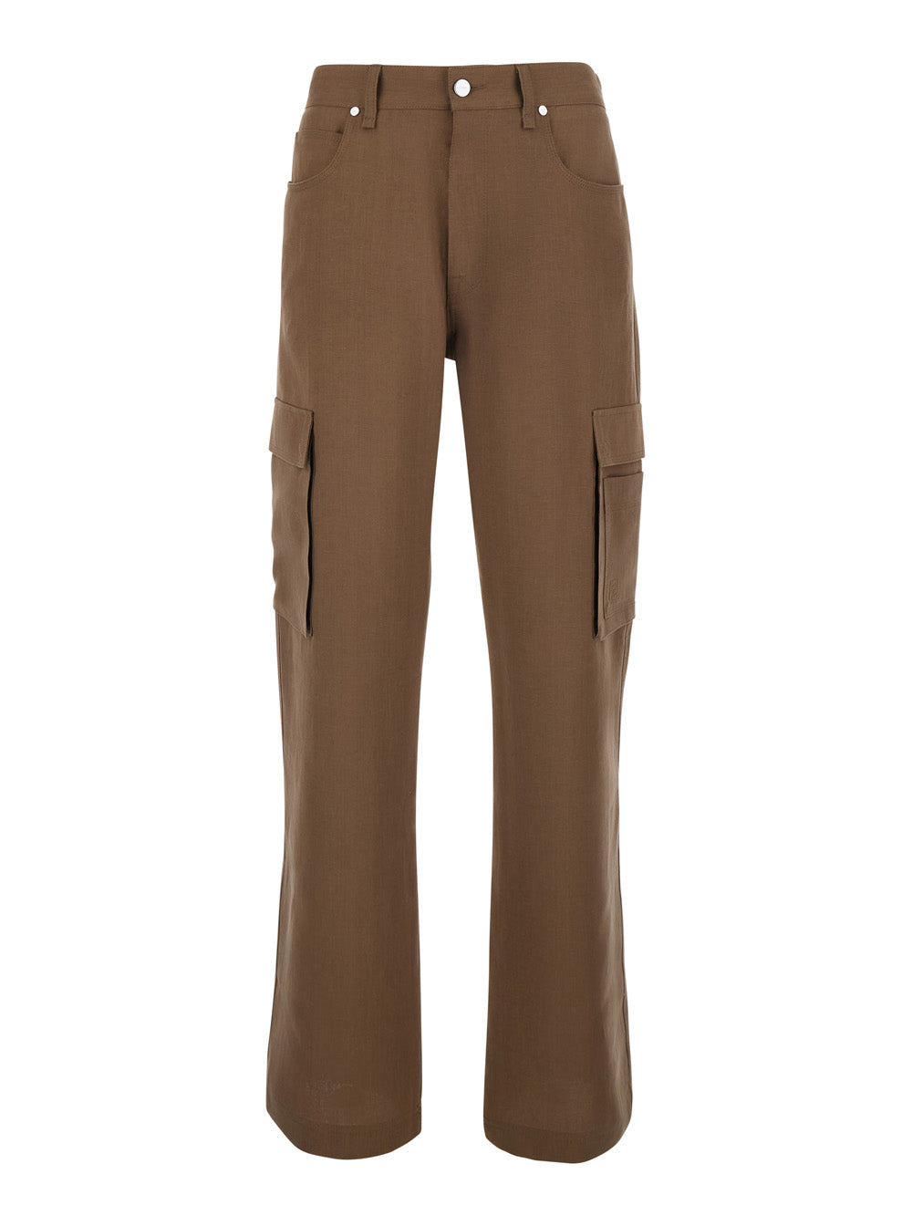 Fendi Men Brown Cargo Pants With Ff Plate On The Pocket In Linen For Men FENDI