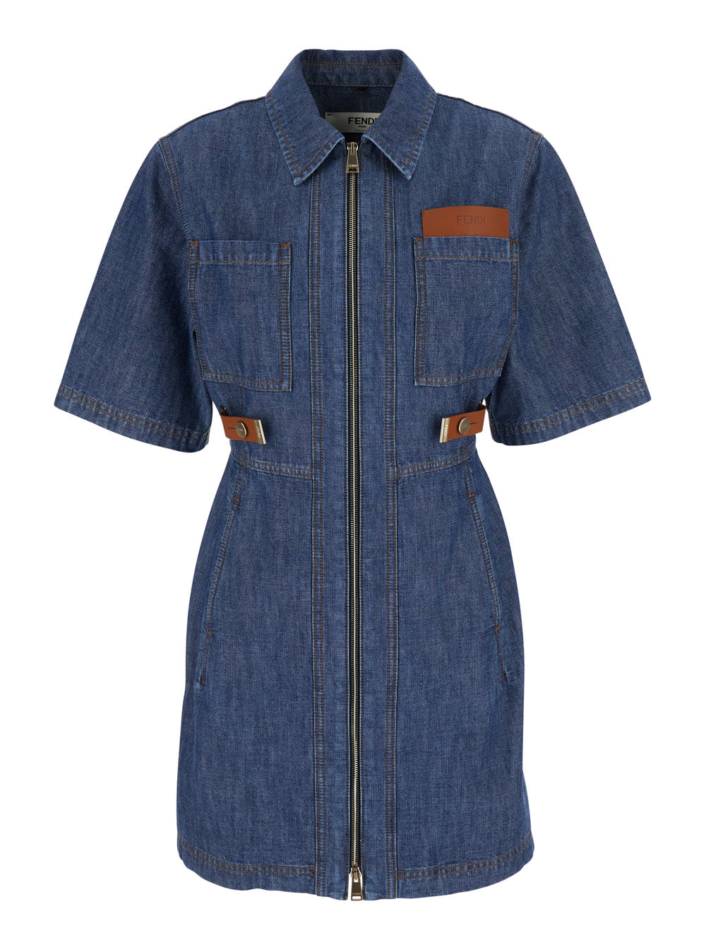 Fendi Women Blue Dress With Classic Collar And Leather Logo Patch On The Front In Denim For Women FENDI