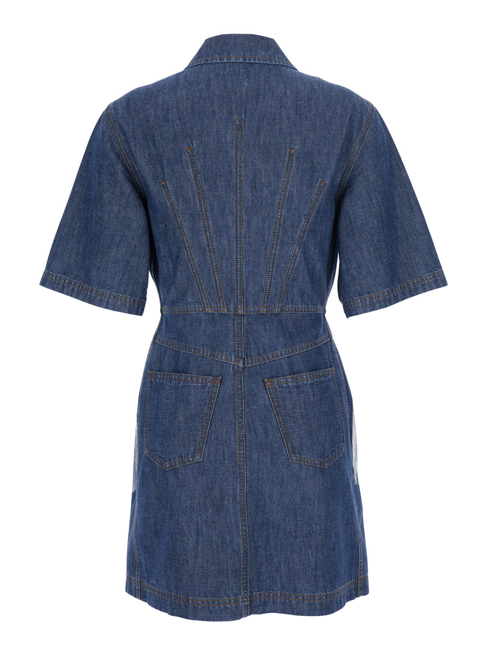 Fendi Women Blue Dress With Classic Collar And Leather Logo Patch On The Front In Denim For Women FENDI