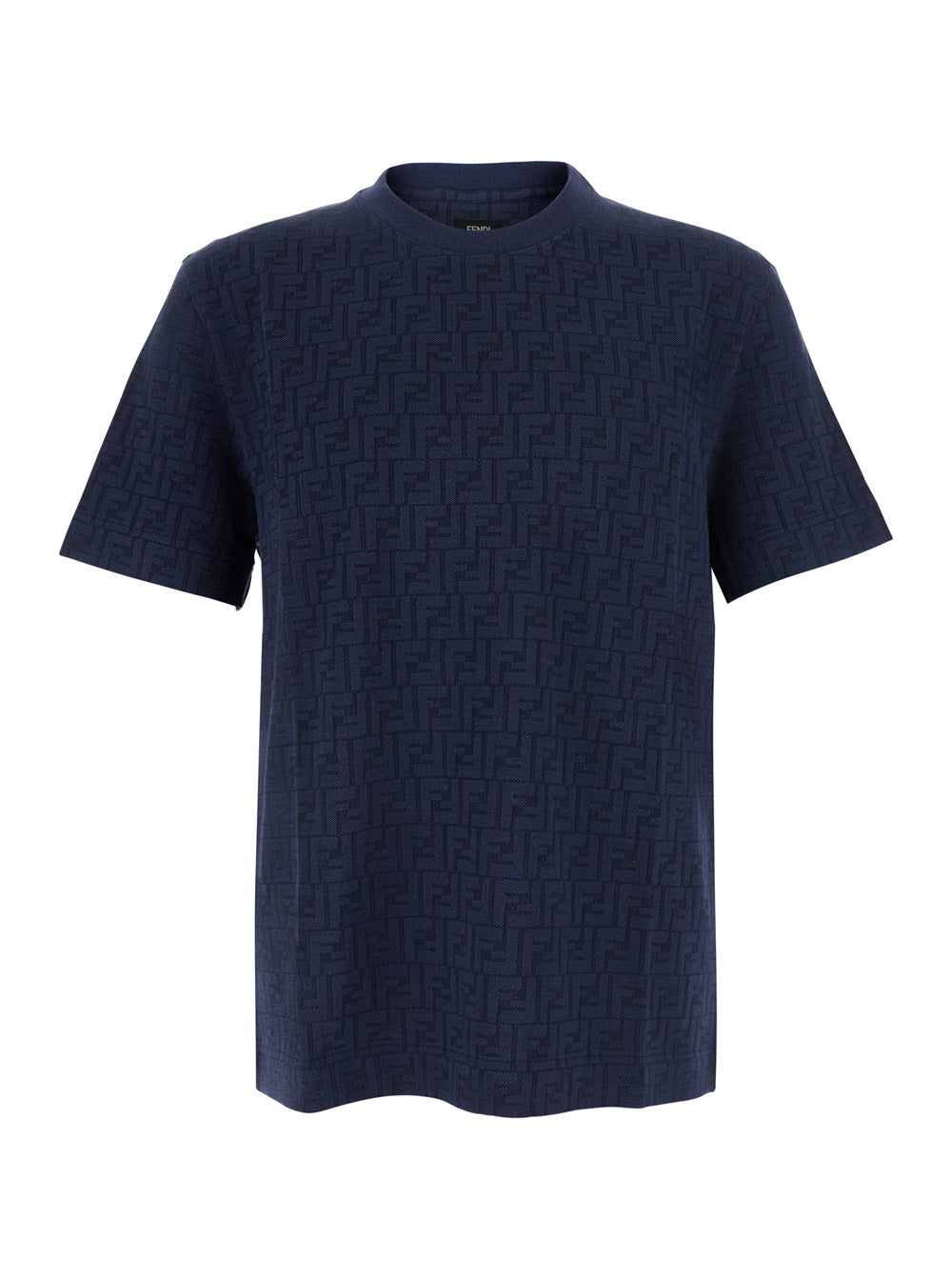 Fendi Men Blue Crew Neck T-Shirt With Ff All-Over Motif In Cotton For Men FENDI