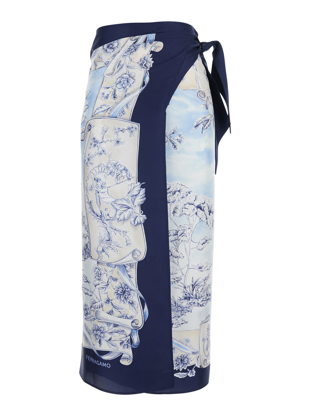 Ferragamo Women Blue Wraparound Skirt With Drawstring Waist Closure And All-Over Print In Silk For Women FERRAGAMO
