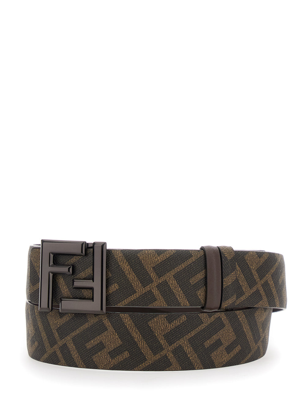 Fendi Men Belt With Ff Metallica Logo Plate And Brown Leather Front For Men FENDI