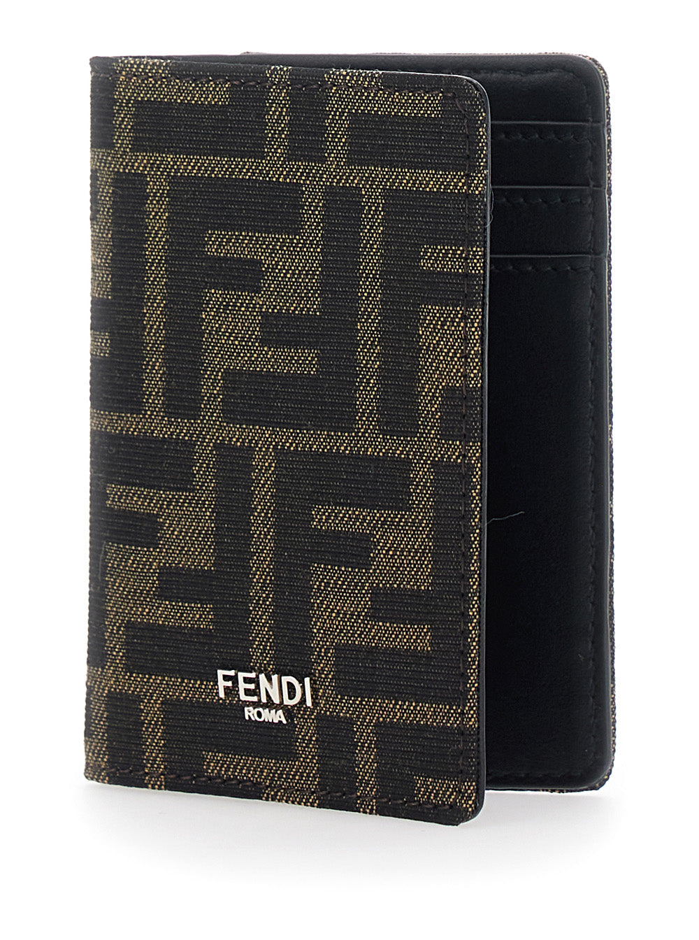 Fendi Men Card Holder With Logo On The Front And Ff Motif All Over In Brown Fabric For Men FENDI