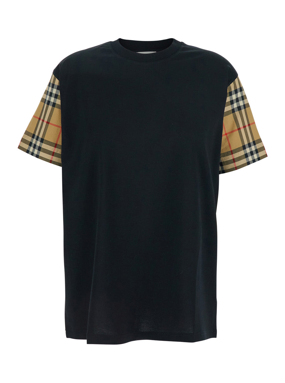 Burberry Women Black T-Shirt With Vintage Check Motif On The Sleeves In Cotton For Women BURBERRY