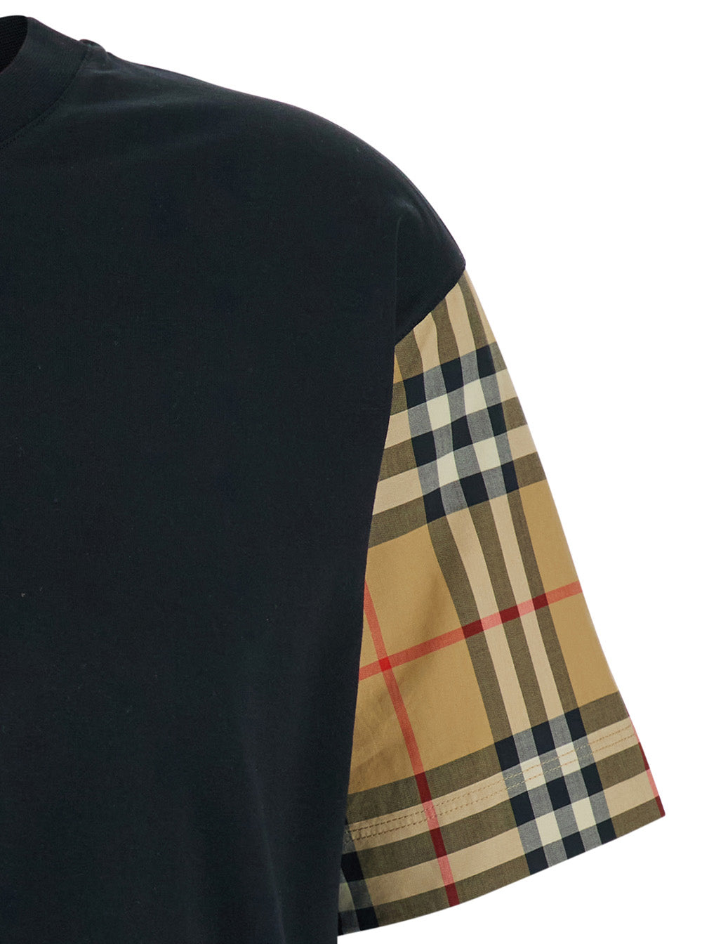 Burberry Women Black T-Shirt With Vintage Check Motif On The Sleeves In Cotton For Women BURBERRY