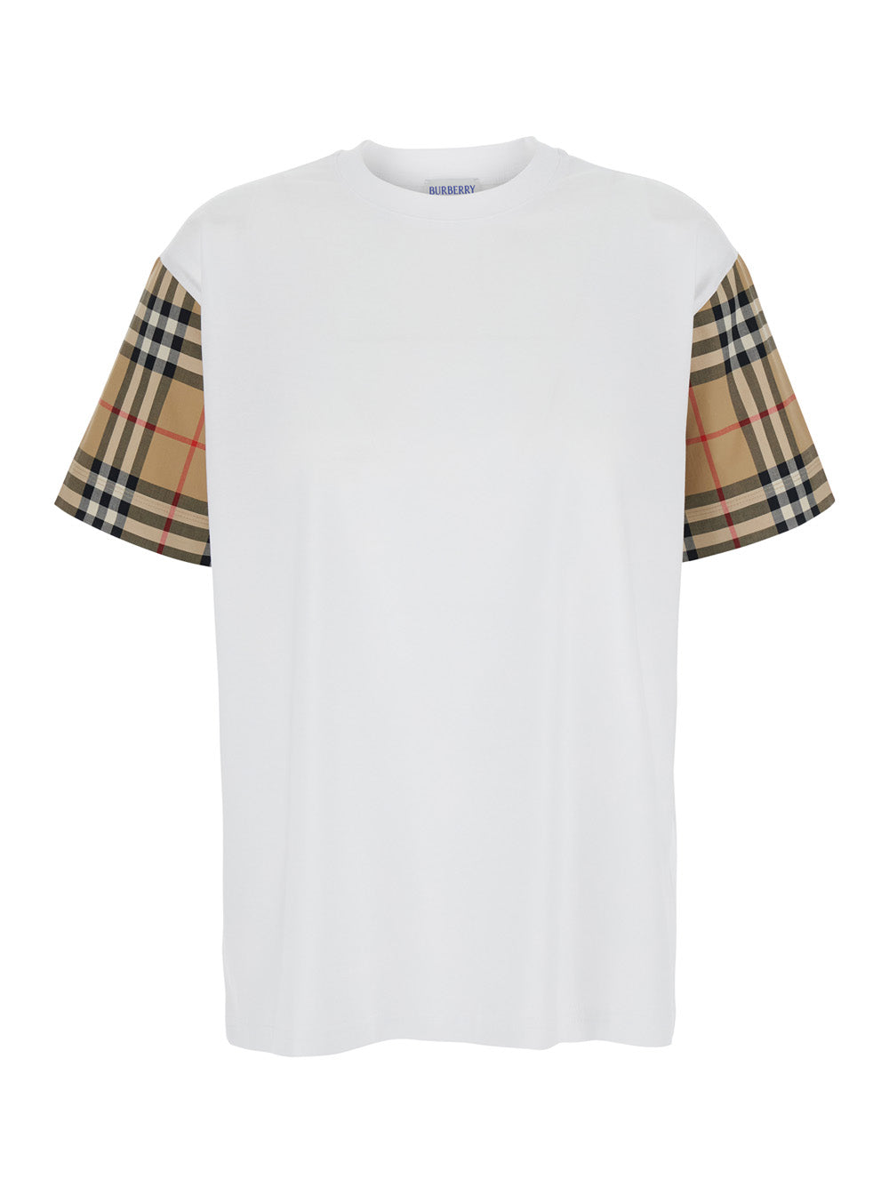 Burberry Women White T-Shirt With Vintage Check Motif On The Sleeves In Cotton For Women BURBERRY