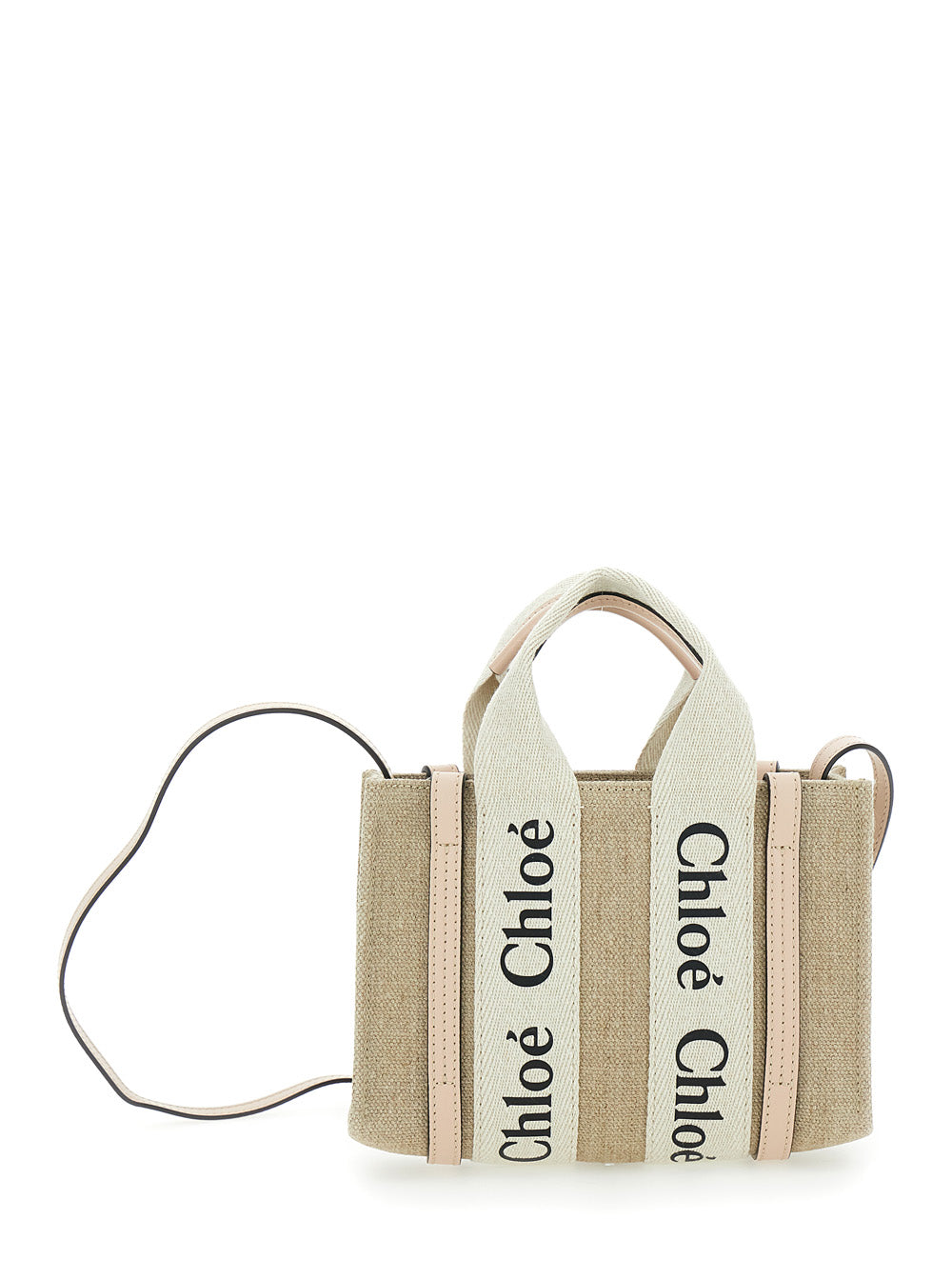 Chloé Women Handbag 'Woody' With Logoed Ribbons In Canvas And Leather Beige Woman CHLOE