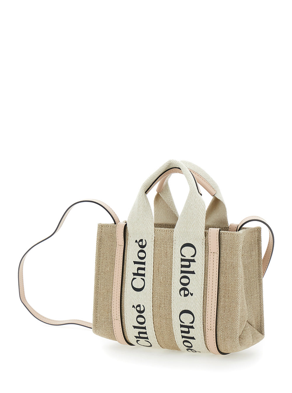 Chloé Women Handbag 'Woody' With Logoed Ribbons In Canvas And Leather Beige Woman CHLOE