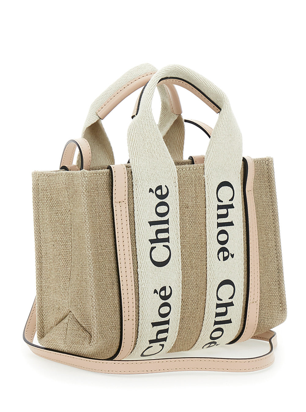 Chloé Women Handbag 'Woody' With Logoed Ribbons In Canvas And Leather Beige Woman CHLOE