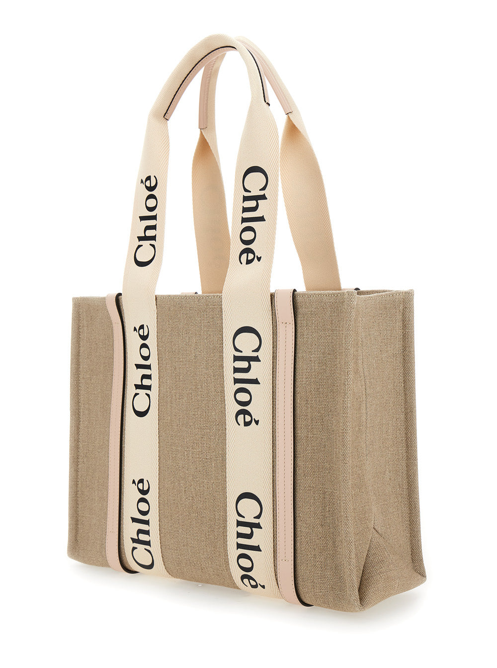 Chloé Women Handbag 'Medium Woody' With Logo In Linen Canvas Beige Woman CHLOE