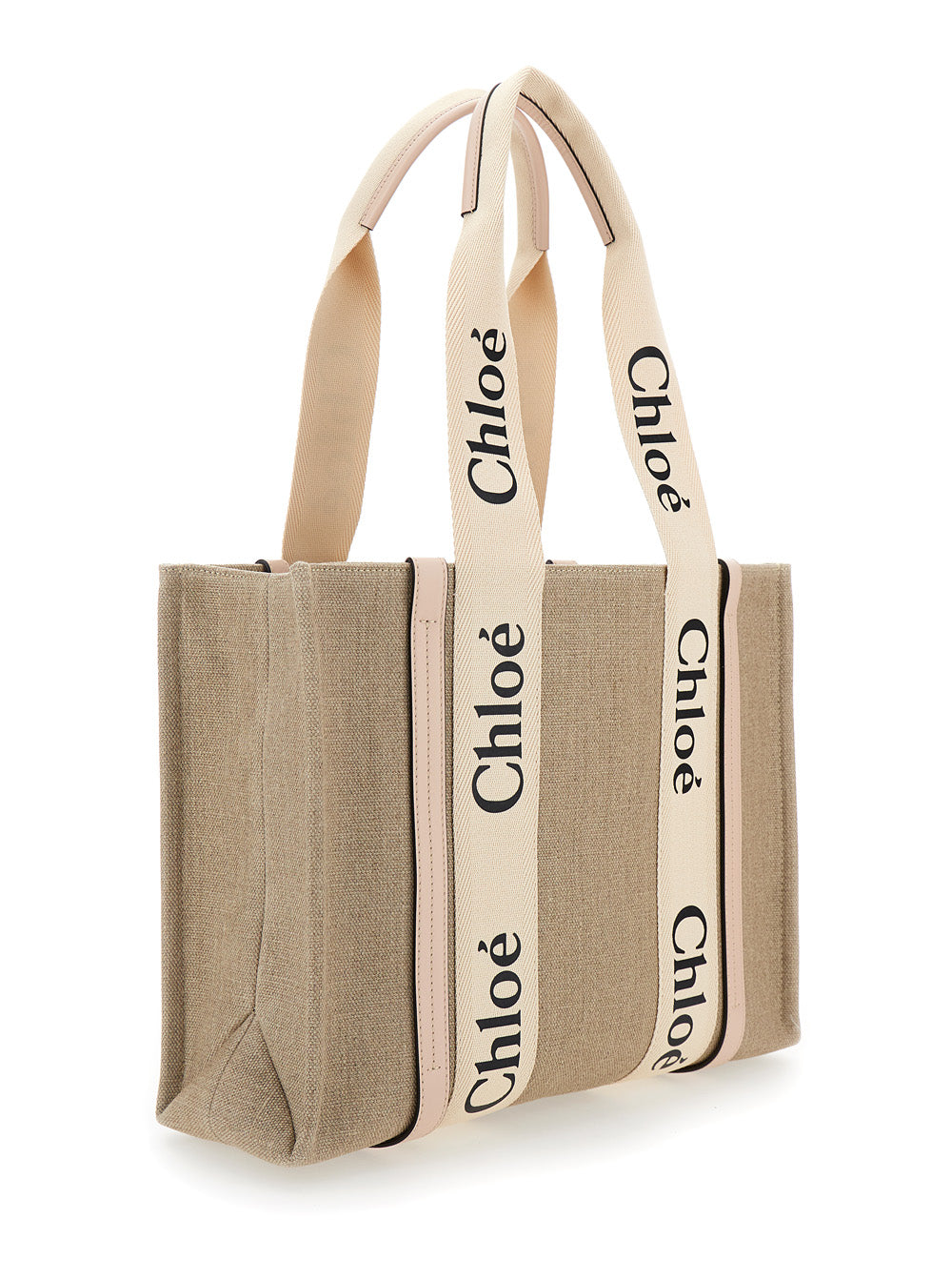 Chloé Women Handbag 'Medium Woody' With Logo In Linen Canvas Beige Woman CHLOE