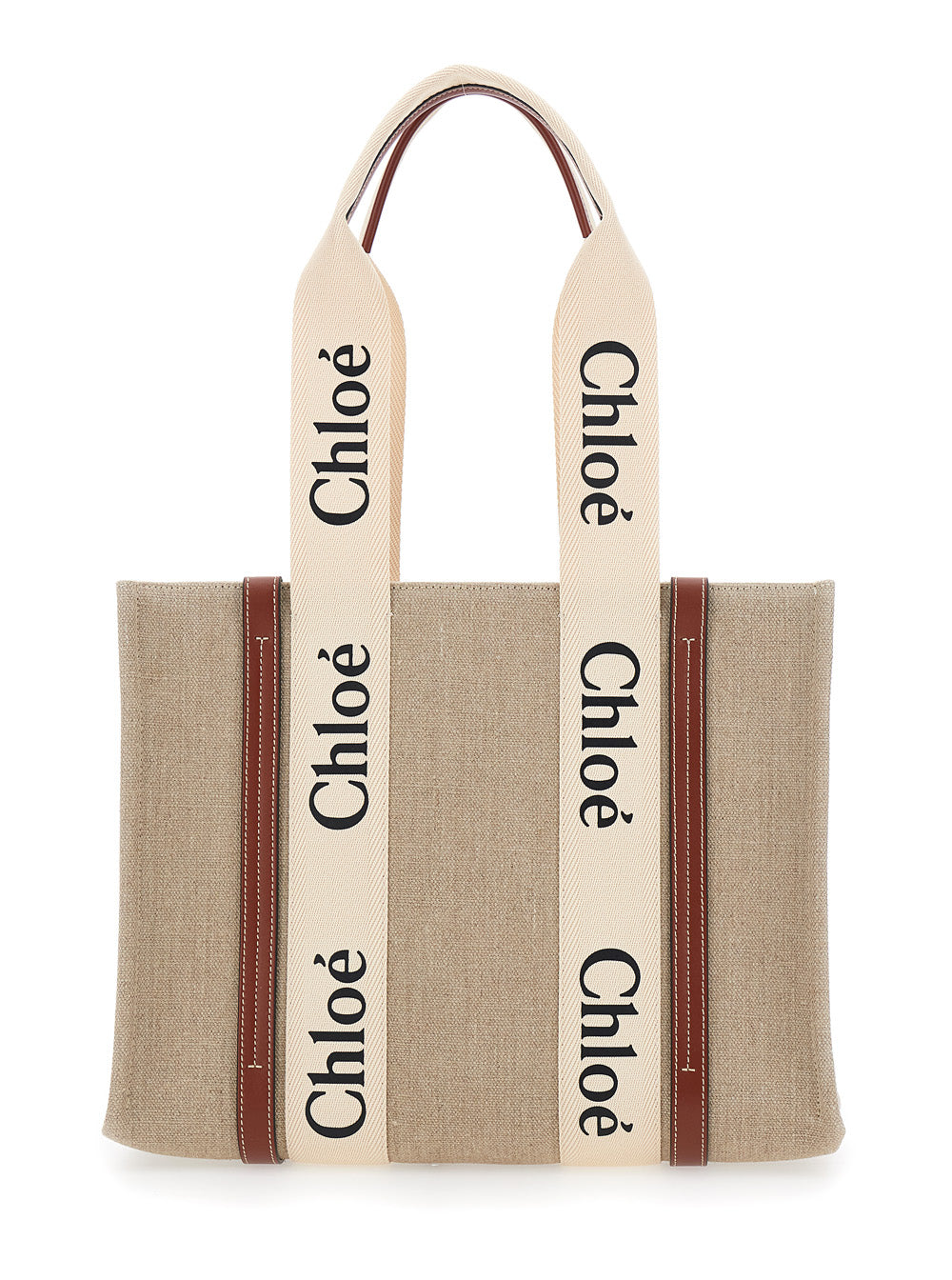 Chloé Women Handbag 'Woody' Medium With Logo Lettering On The Front In Beige Linen For Women CHLOE