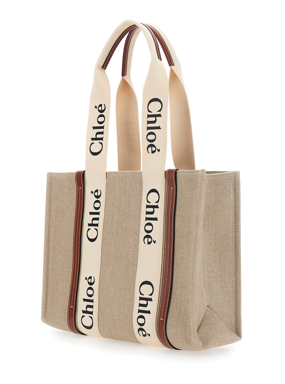Chloé Women Handbag 'Woody' Medium With Logo Lettering On The Front In Beige Linen For Women CHLOE