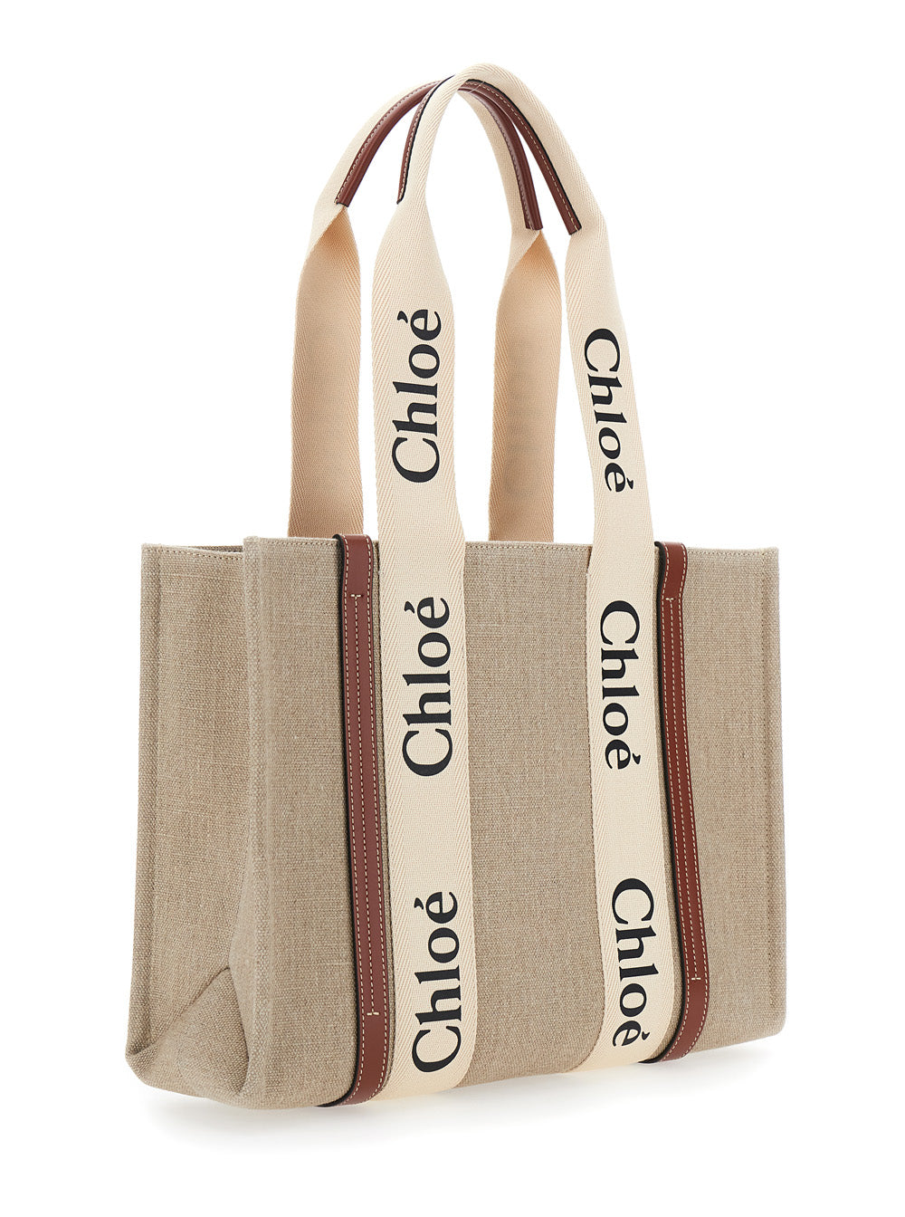 Chloé Women Handbag 'Woody' Medium With Logo Lettering On The Front In Beige Linen For Women CHLOE