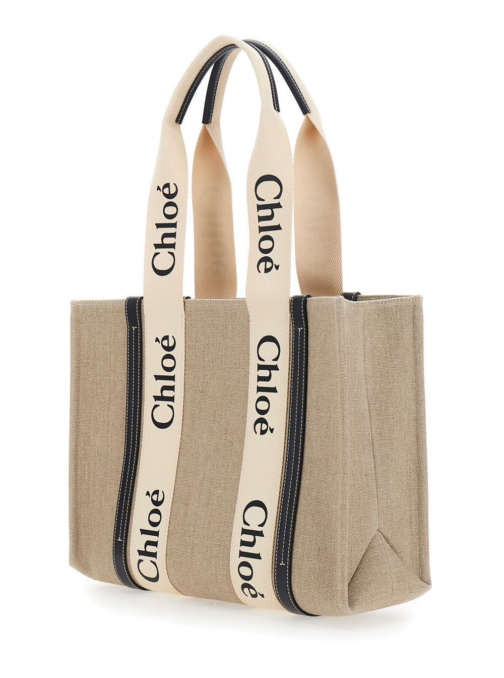 Chloé Women Handbag 'Medium Woody' With Logo Lettering On The Front In Beige Linen For Women CHLOE