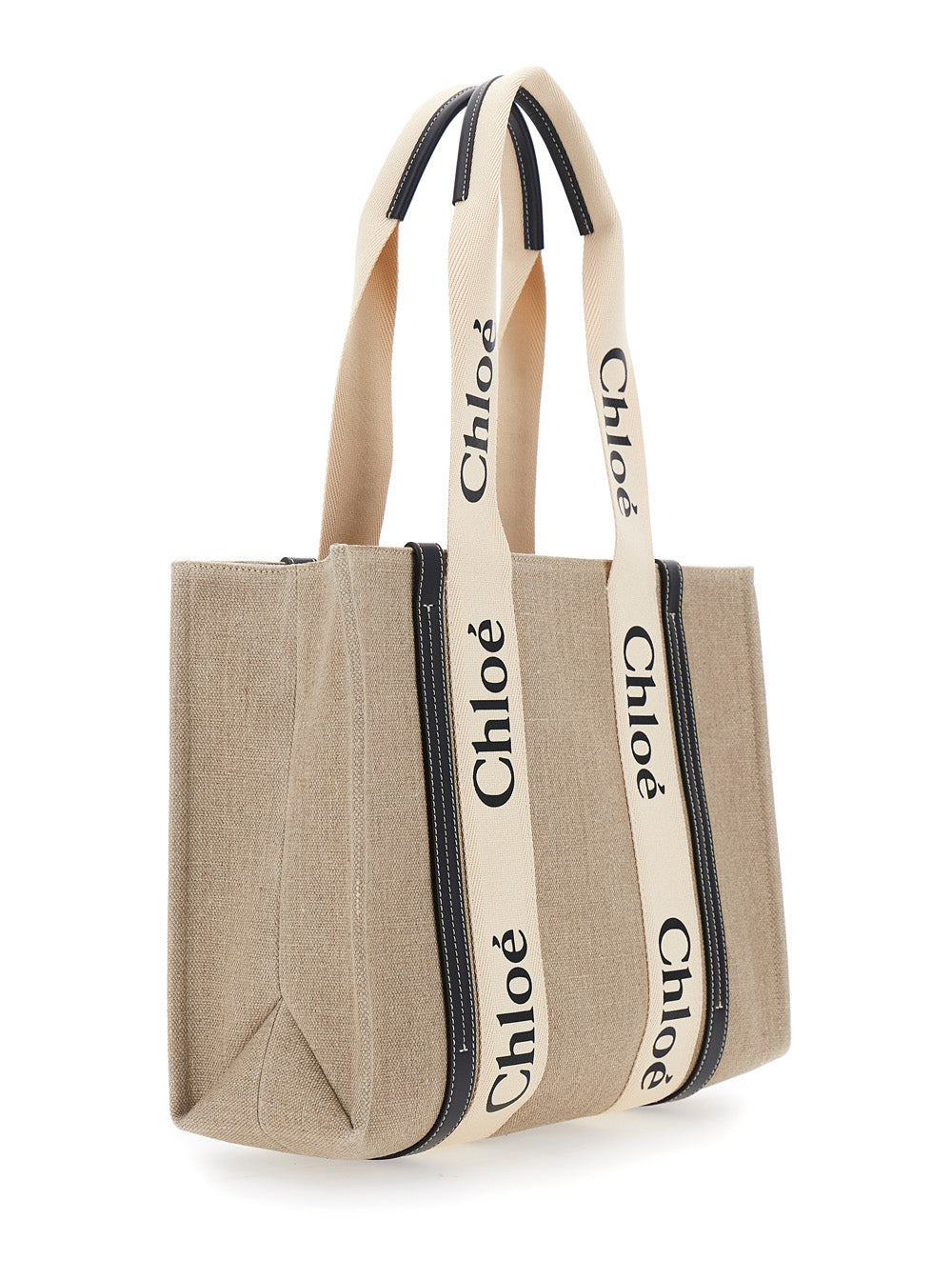 Chloé Women Handbag 'Medium Woody' With Logo Lettering On The Front In Beige Linen For Women CHLOE