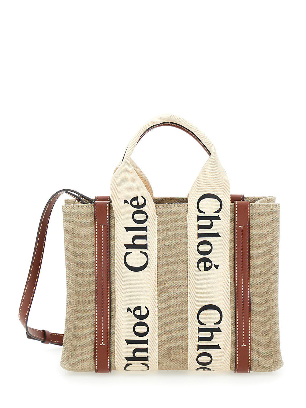 Chloé Women Tote Bag 'Woody' With Logoed Straps In Canvas And Leather Beige Woman CHLOE
