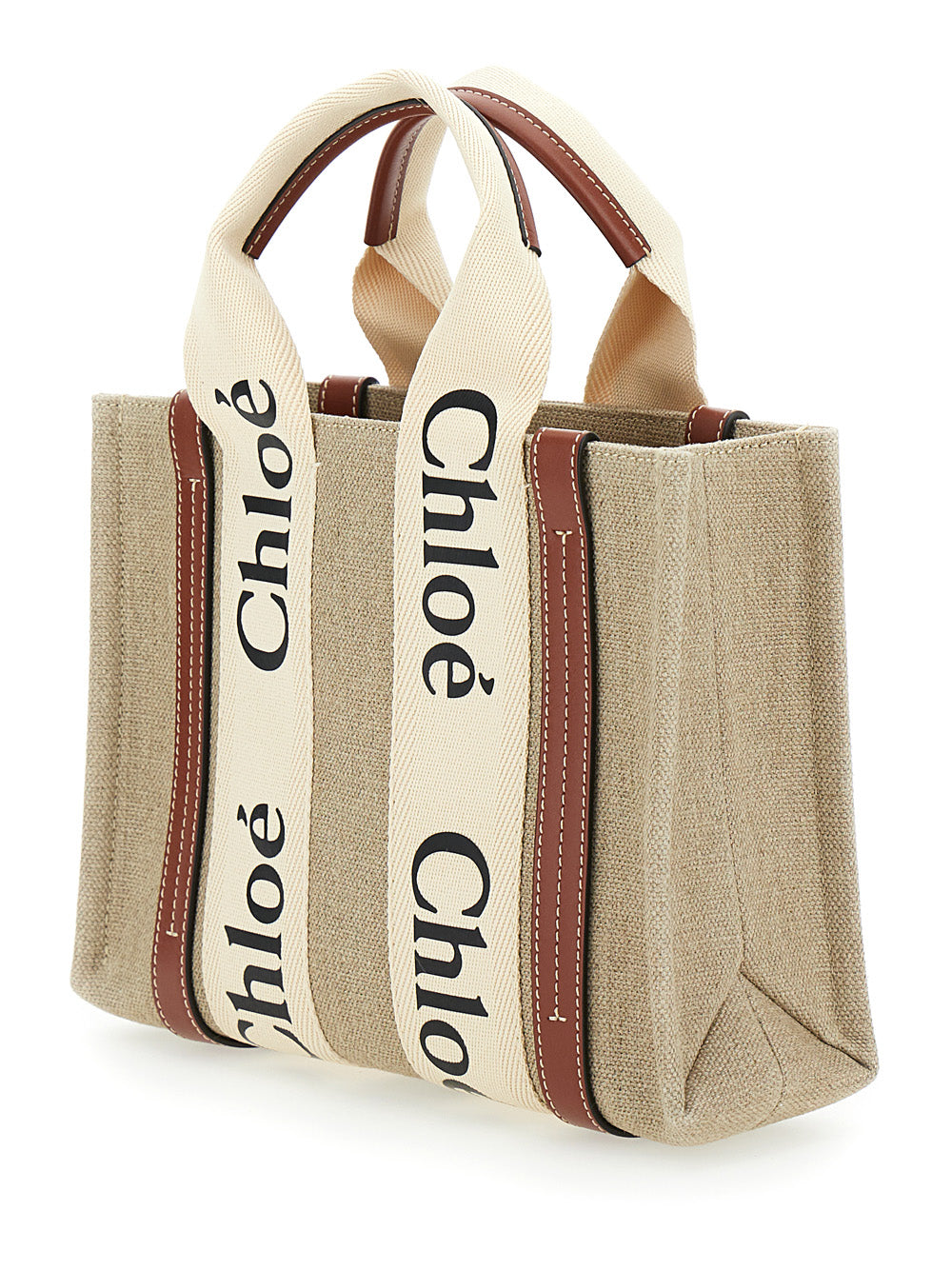 Chloé Women Tote Bag 'Woody' With Logoed Straps In Canvas And Leather Beige Woman CHLOE