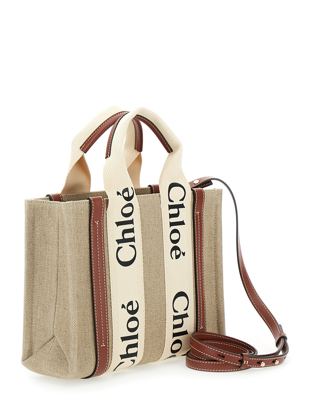 Chloé Women Tote Bag 'Woody' With Logoed Straps In Canvas And Leather Beige Woman CHLOE