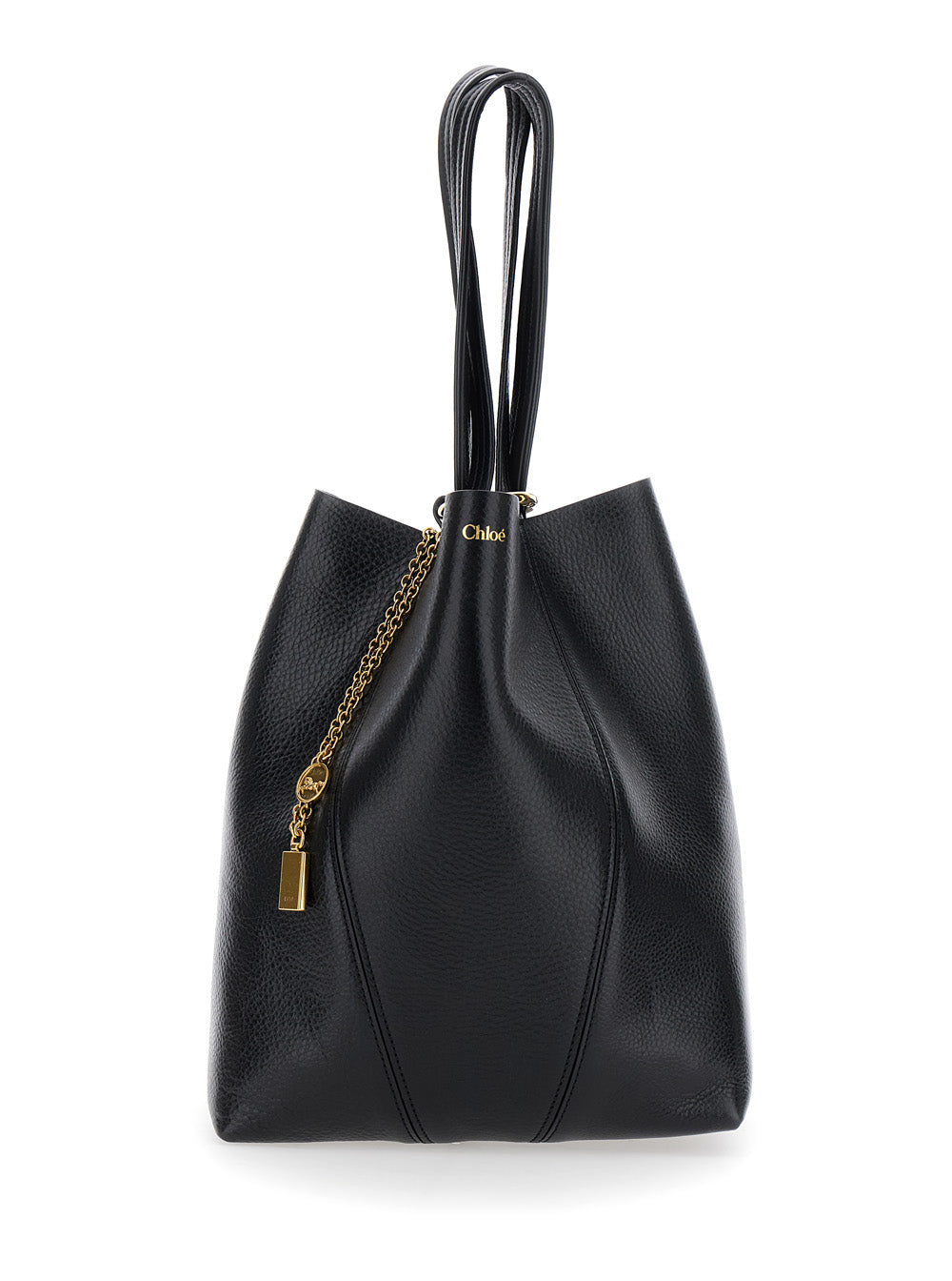 Chloé Women Shoulder Bag 'Spin' With Logoed Metal Medals In Black Grained Leather For Women CHLOE