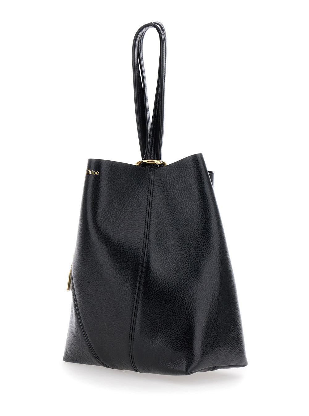 Chloé Women Shoulder Bag 'Spin' With Logoed Metal Medals In Black Grained Leather For Women CHLOE
