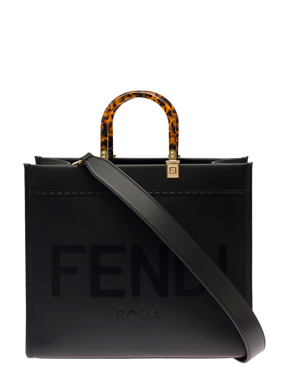 Fendi Women Handbag 'Sunshine' With Embossed Logo And Turtle Effect Handle In Black Leather For Women FENDI