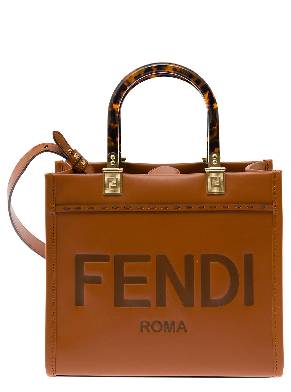 Fendi Women Tote Bag 'Sunshine Piccola' With Embossed Logo And Turtle Effect Handle In Brown Leather For Women FENDI