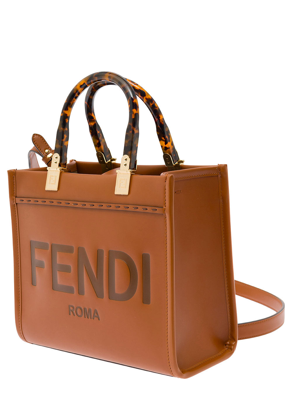 Fendi Women Tote Bag 'Sunshine Piccola' With Embossed Logo And Turtle Effect Handle In Brown Leather For Women FENDI