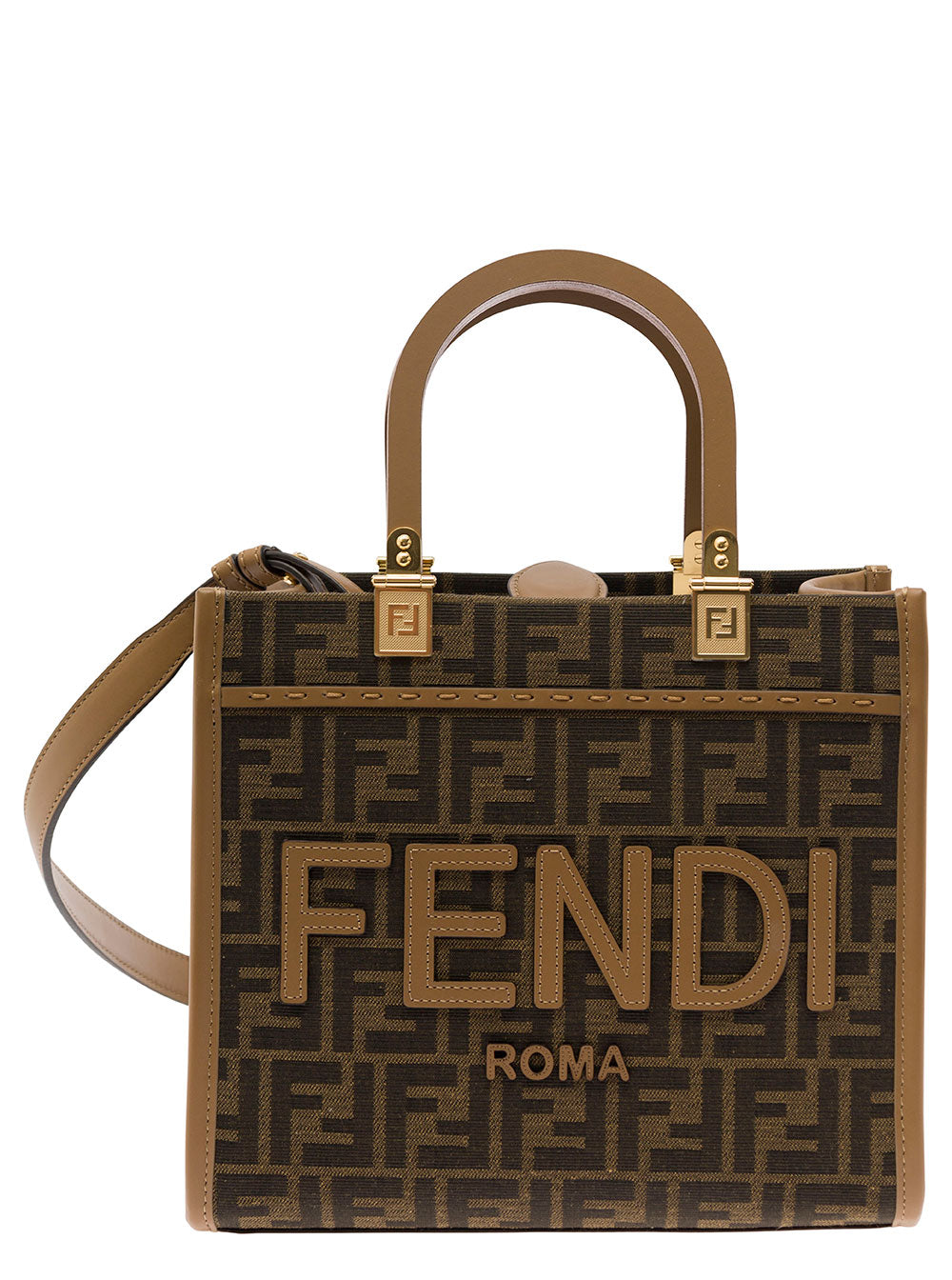 Fendi Women Tote Bag 'Piccola Sunshine' With Ff Jacquard Fabric And Brown Leather For Women FENDI