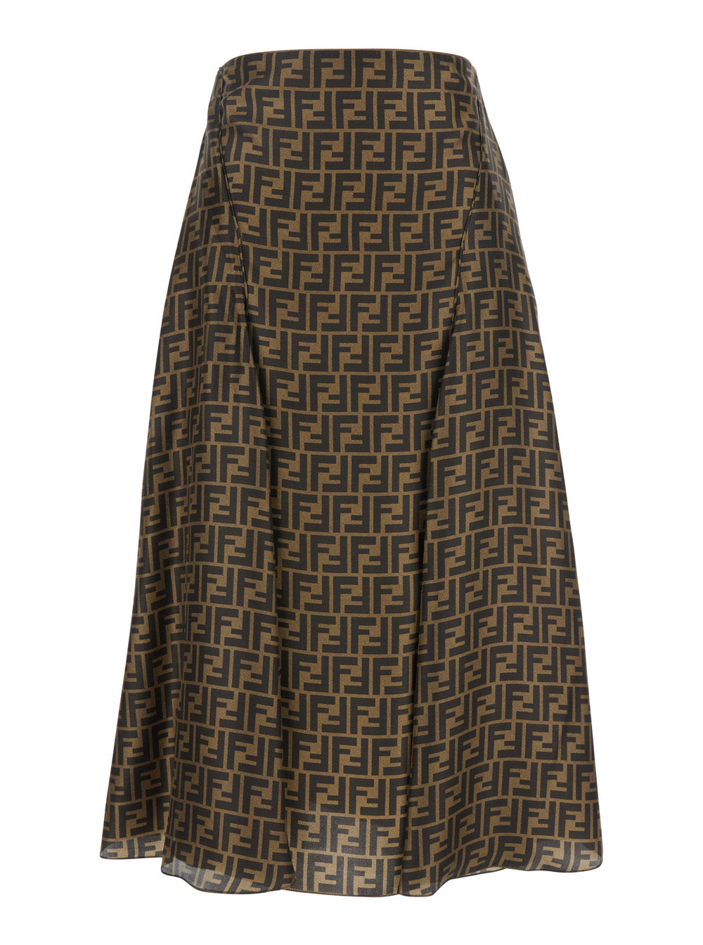 Fendi Women Brown Midi Flared Skirt With Ff All-Over Motif In Silk For Women FENDI
