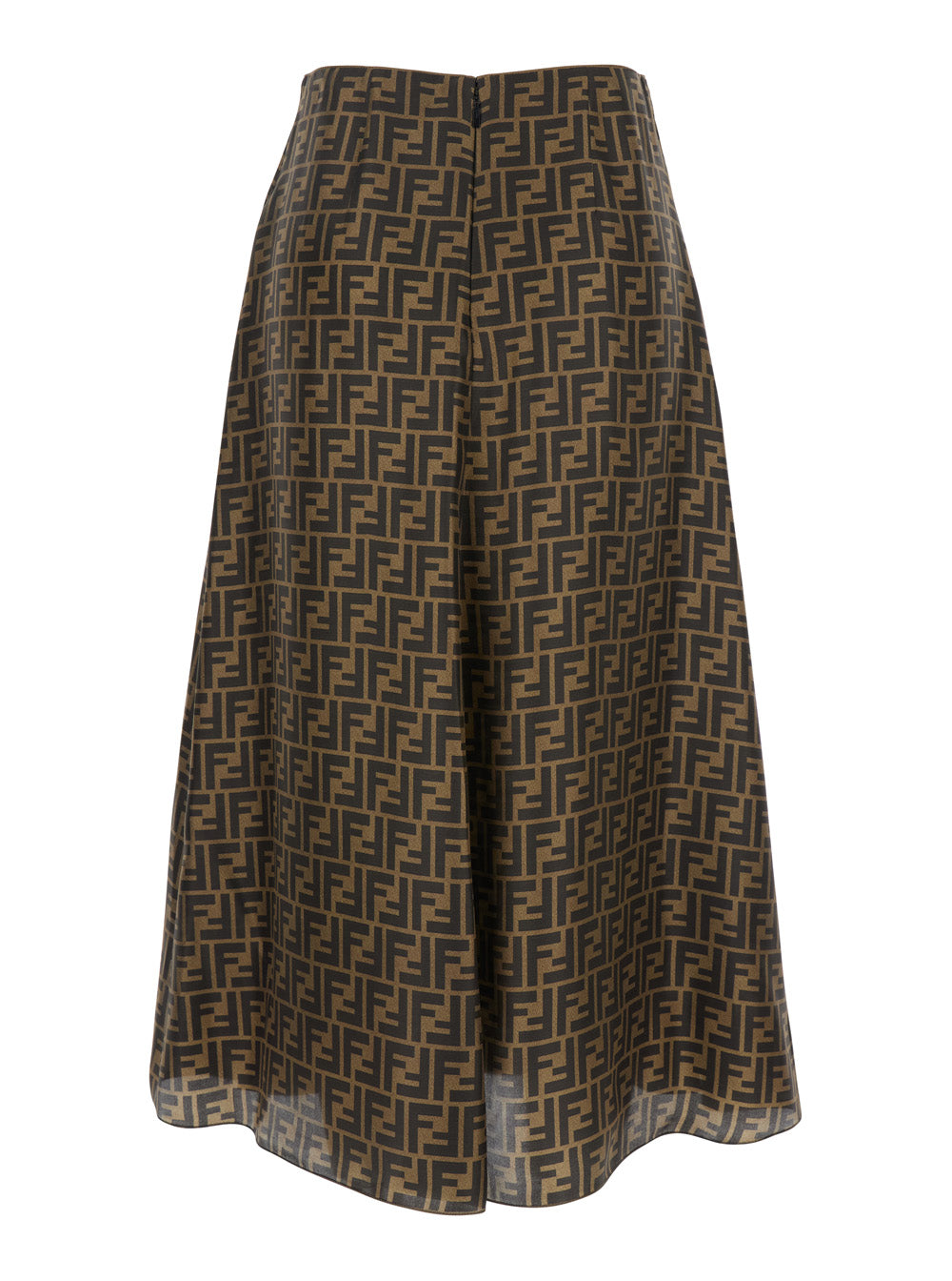 Fendi Women Brown Midi Flared Skirt With Ff All-Over Motif In Silk For Women FENDI