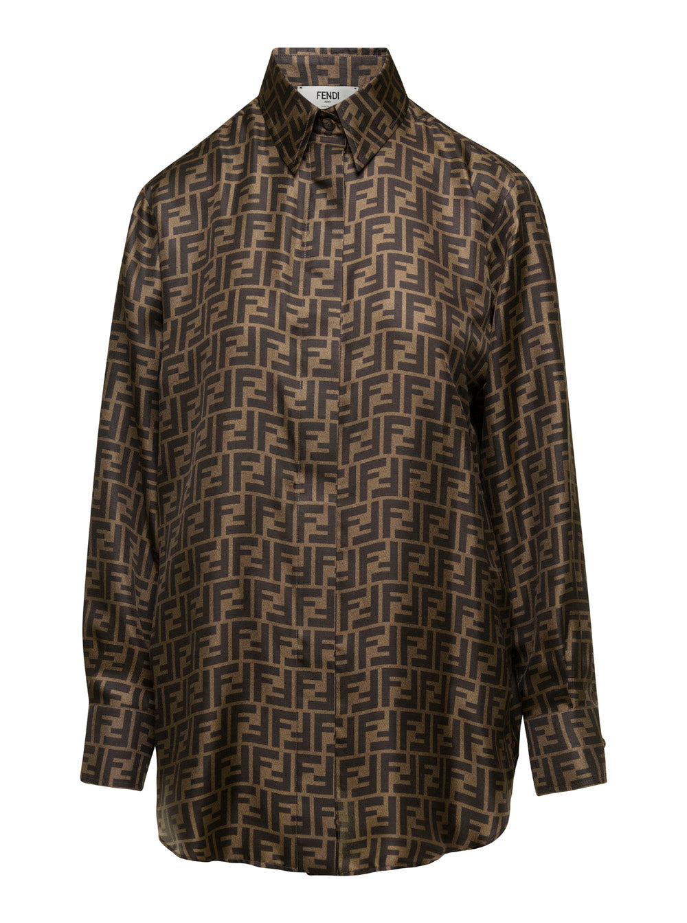 Fendi Women Shirt With Pointed Collar And Ff All-Over Motif In Brown Silk For Women FENDI