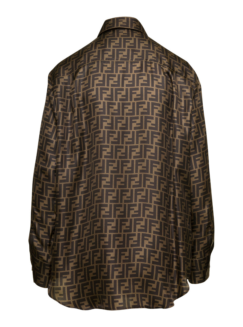 Fendi Women Shirt With Pointed Collar And Ff All-Over Motif In Brown Silk For Women FENDI
