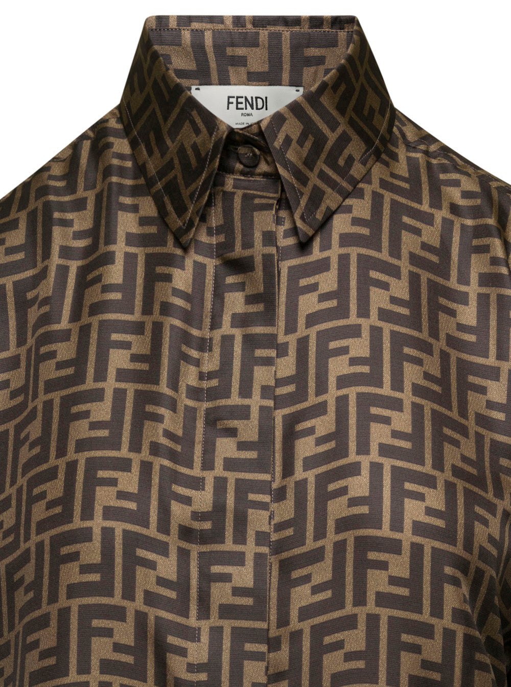 Fendi Women Shirt With Pointed Collar And Ff All-Over Motif In Brown Silk For Women FENDI
