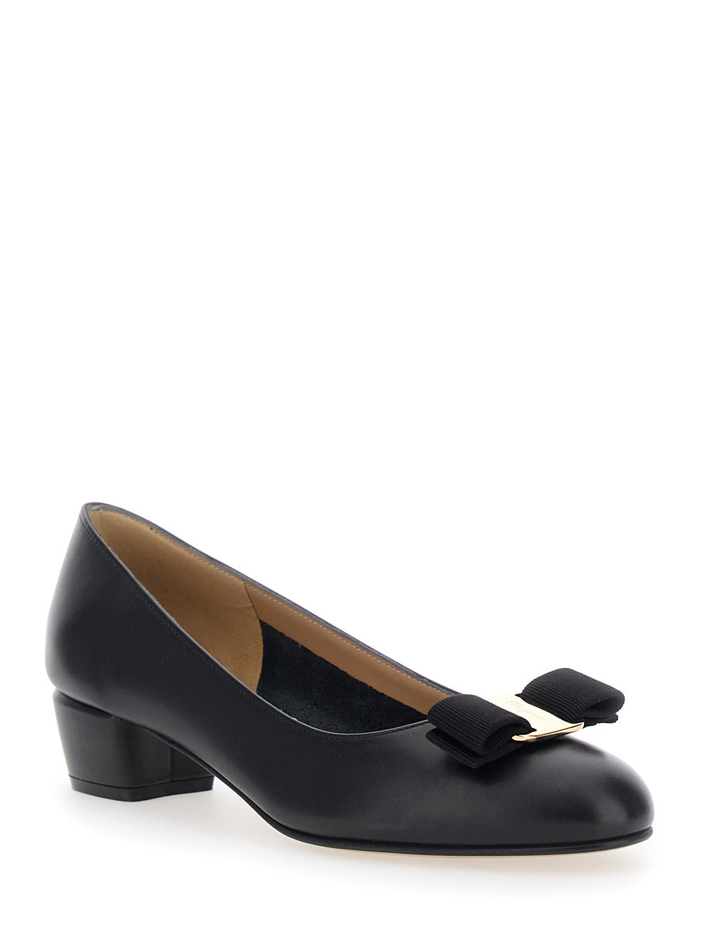 Ferragamo Women Pumps 'Vara' With Wide Low Heel And Logo Plate On The Front In Black Leather For Women FERRAGAMO