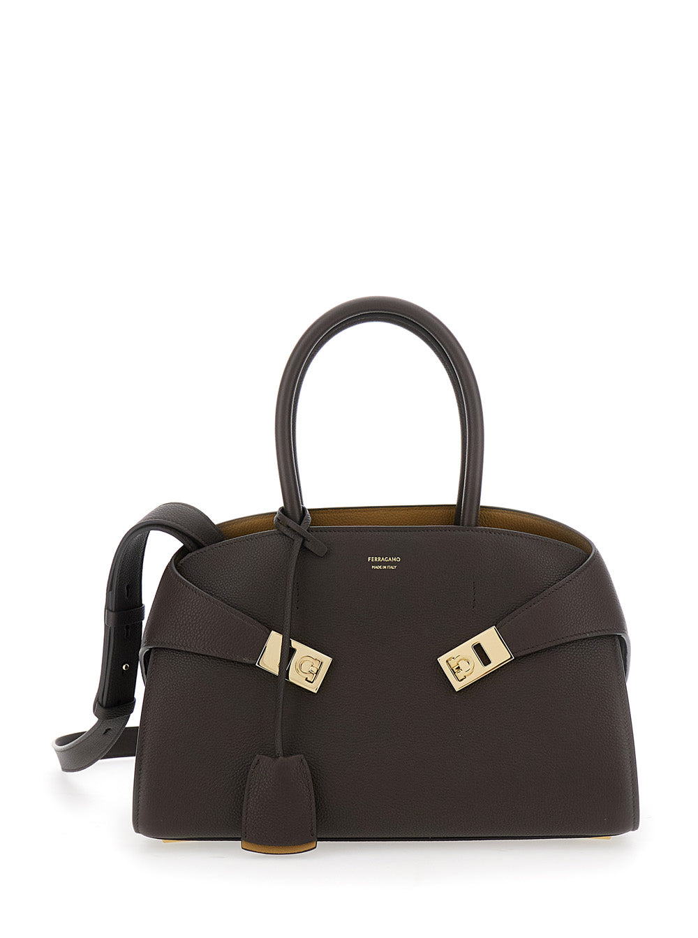 Ferragamo Women Shoulder Bag 'Hug Small' With Logo Lettering And Gancini Buckles On The Front In Brown Leather For Women FERRAGAMO