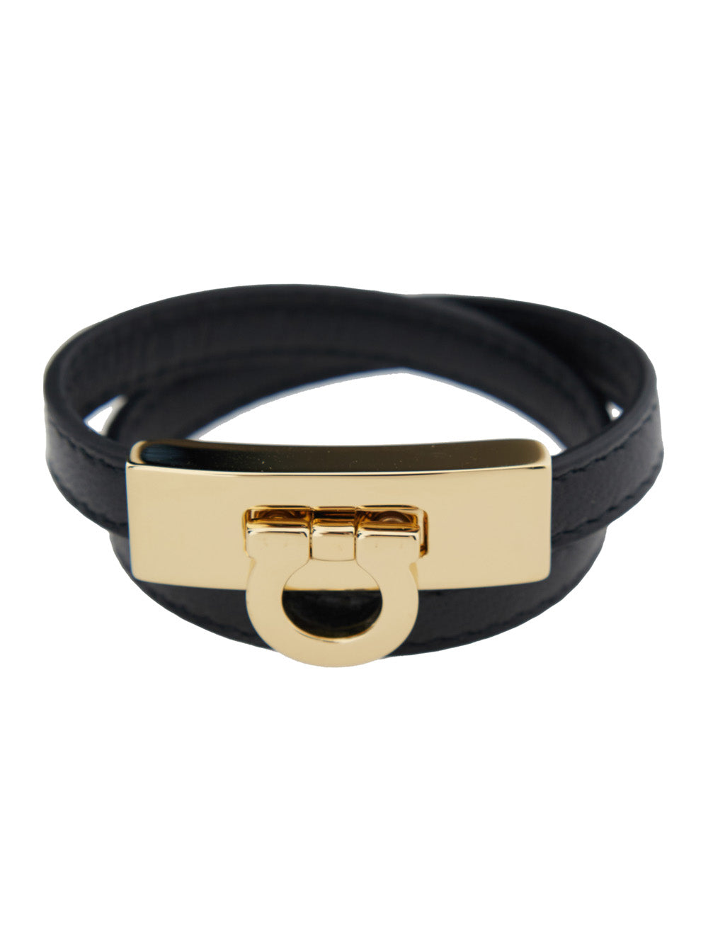 Ferragamo Women Double Wrap 'Gancini' Black Leather Bracelet For Women FERRAGAMO