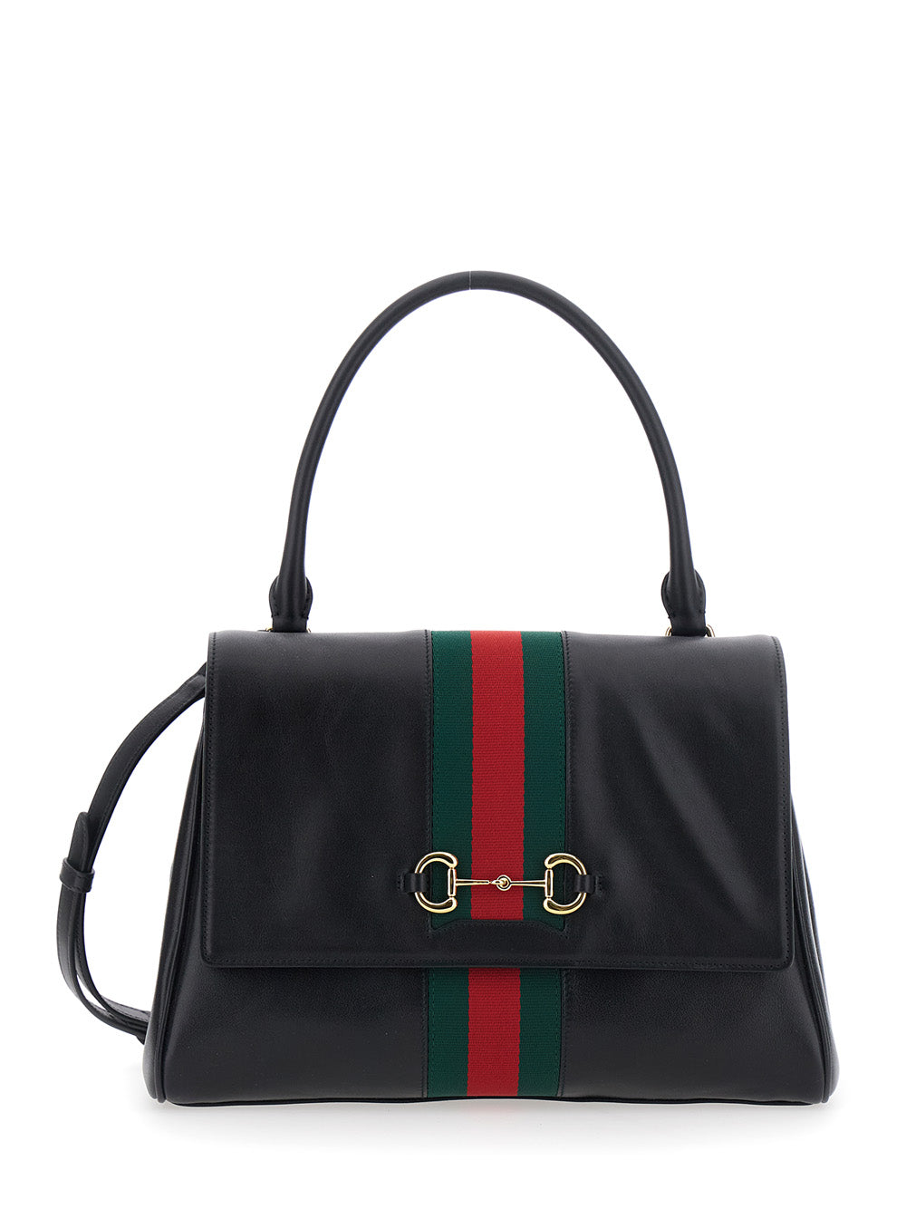 Gucci Women Black Handbag With Web Detail And Horsebit Plaque On The Front In Leather For Women GUCCI