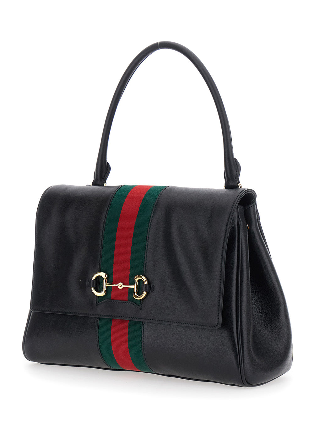 Gucci Women Black Handbag With Web Detail And Horsebit Plaque On The Front In Leather For Women GUCCI