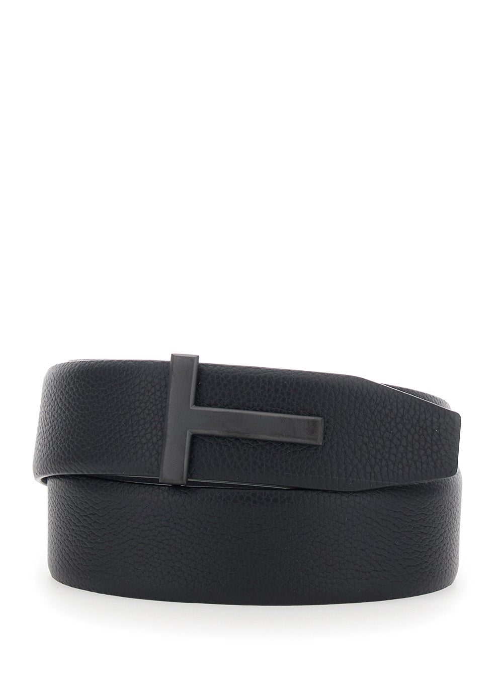 Tom Ford Men 'Icon T' Black Belt With T-Shaped Buckle In Grained Leather For Men