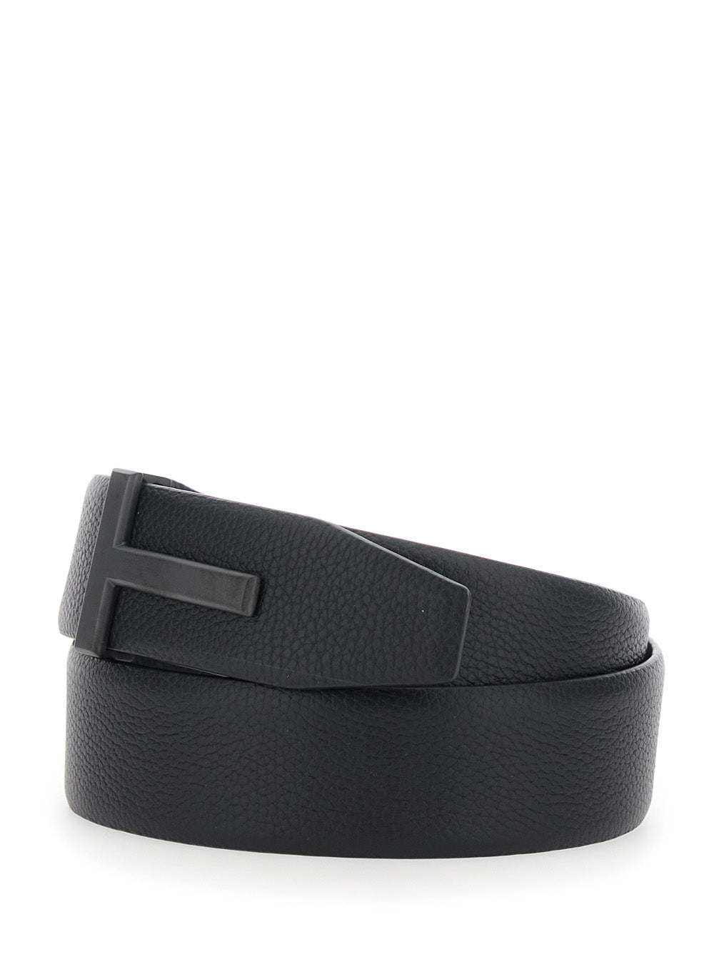 Tom Ford Men 'Icon T' Black Belt With T-Shaped Buckle In Grained Leather For Men