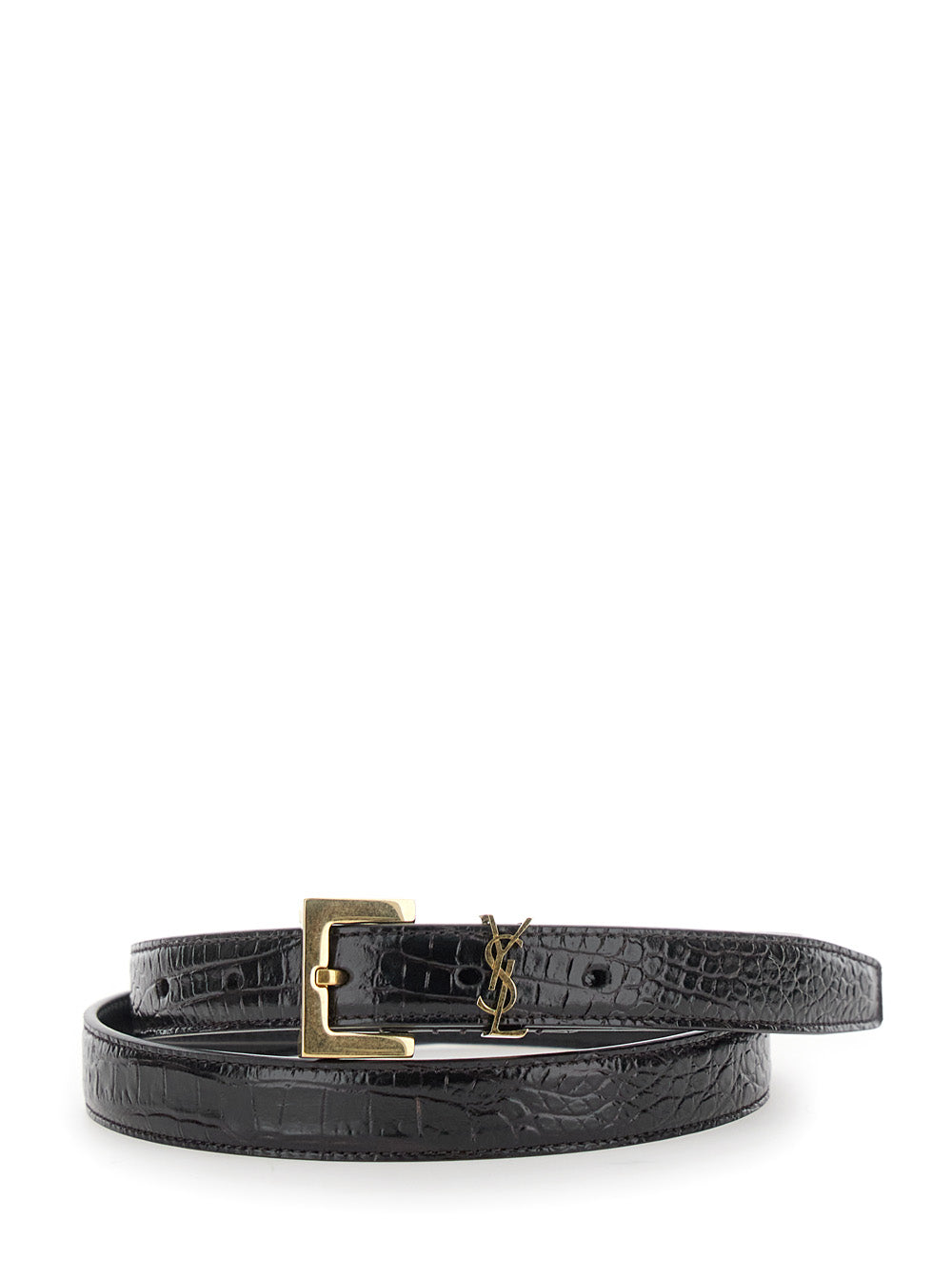 Saint Laurent Women Thin Belt With Cassandre Detail In Black Crocodile-Embossed Leather For Women SAINT LAURENT