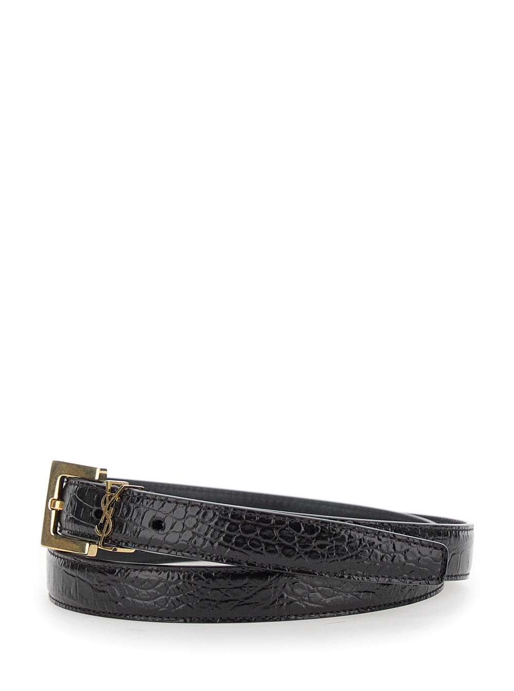 Saint Laurent Women Thin Belt With Cassandre Detail In Black Crocodile-Embossed Leather For Women SAINT LAURENT
